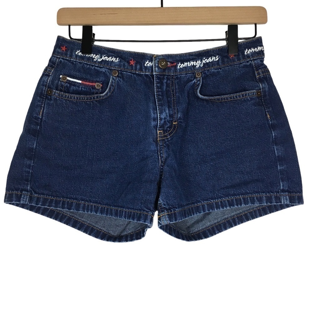 TOMMY JEANS Shorts Vintage Y2K 2002 Denim Spellout Waistband Embroidered Size 7